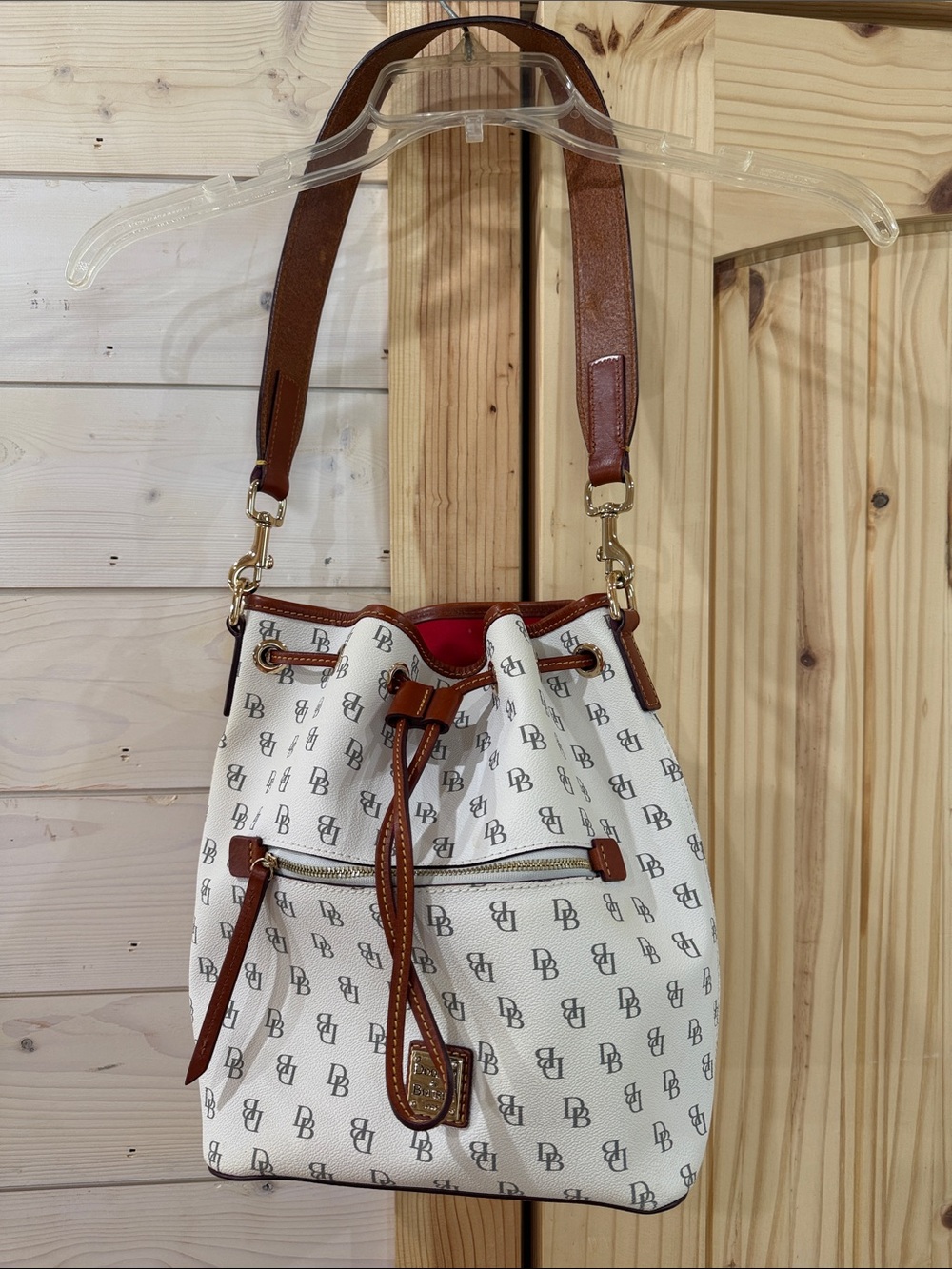 Dooney & Bourke White Logo Drawstring Hobo with Brown Trim